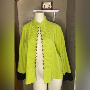 Peacock Ways 100% Linen Blazer Asian Coin Trim Jacket Pockets Lime Green/Black